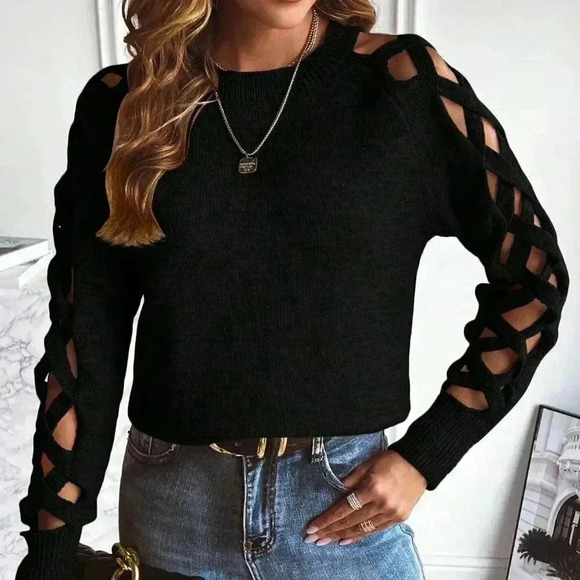 Black Casual Womens Cut Out Raglan Sleeve Crisscross Sweater - Picture 2 of 5